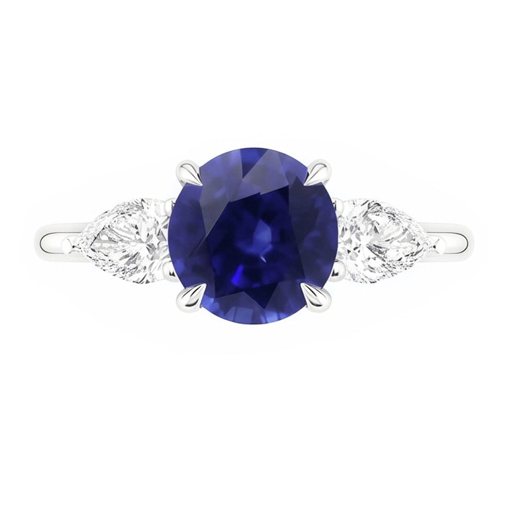 Bague Poire Diamant 3 Pierres Taille Ronde Saphir Bleu Bijoux 3 Carats
