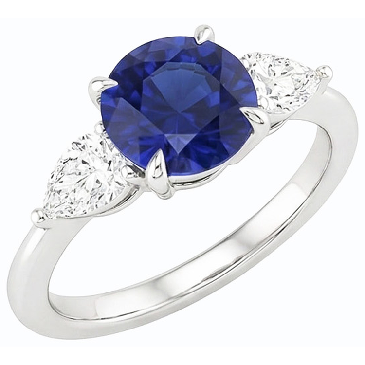 Bague Poire Diamant 3 Pierres Taille Ronde Saphir Bleu Bijoux 3 Carats