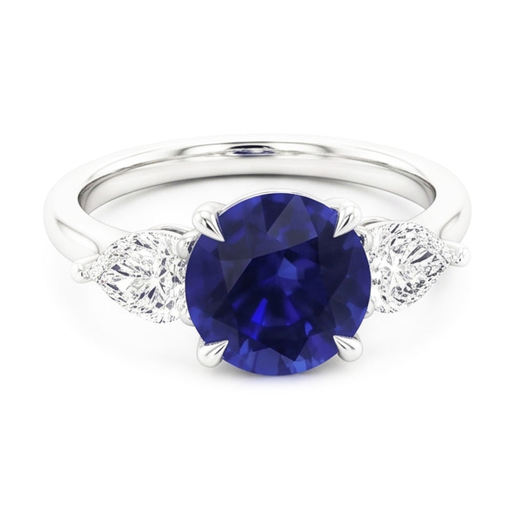 Bague Poire Diamant 3 Pierres Taille Ronde Saphir Bleu Bijoux 3 Carats