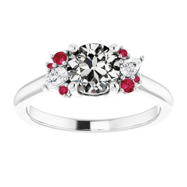 Bague Poire Et Naturel Diamant Rond Taille Mine Ancienne Et Rubis Bijoux En Or 3.25 Carats