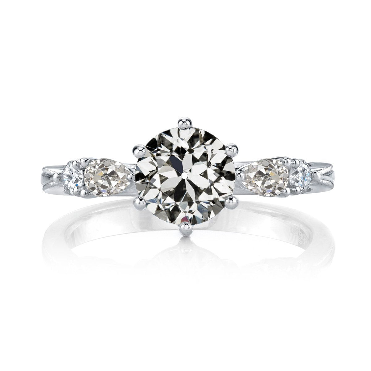 Bague Poire & Naturel Diamant Rond Taille Vieille Mine Or Blanc 14K 4 Carats