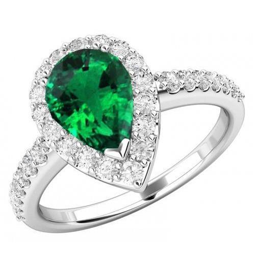 Bague Poire & Ronde 4 Carats Emeraude Vert & Diamant Pierres Précieuses Or Blanc 14K