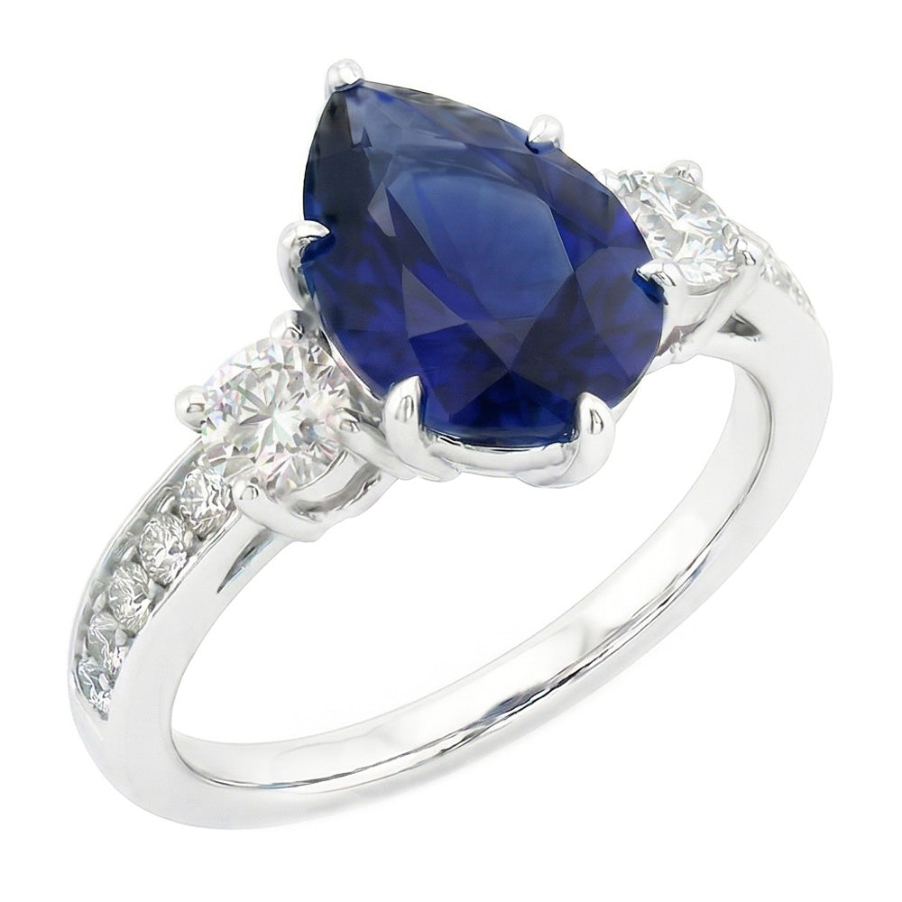 Bague Poire Saphir Pierres Précieuses Avec Accents Diamants Ronds 3.50 Carats
