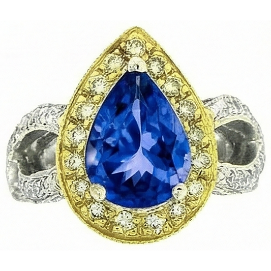 Bague Poire Tanzanite Et Diamants Naturels Extraits des Mines ( et non cultivés en laboratoire ) De Style Antique 4.51 Ct Or Deux Tons