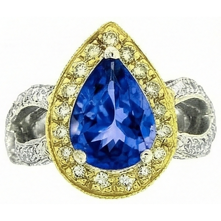 Bague Poire Tanzanite Et Diamants Naturels Extraits des Mines ( et non cultivés en laboratoire ) De Style Antique 4.51 Ct Or Deux Tons