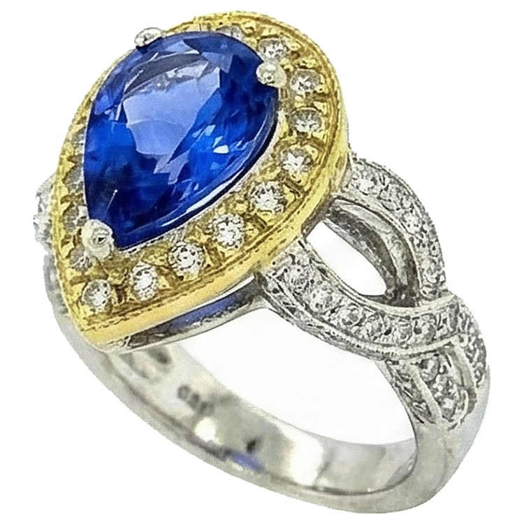 Bague Poire Tanzanite Et Diamants Naturels Extraits des Mines ( et non cultivés en laboratoire ) De Style Antique 4.51 Ct Or Deux Tons