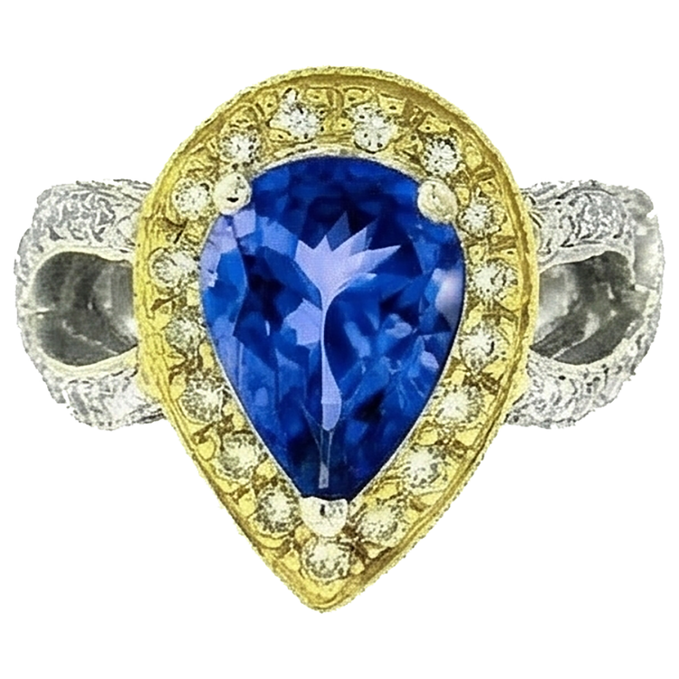 Bague Poire Tanzanite Et Diamants Naturels Extraits des Mines ( et non cultivés en laboratoire ) De Style Antique 4.51 Ct Or Deux Tons