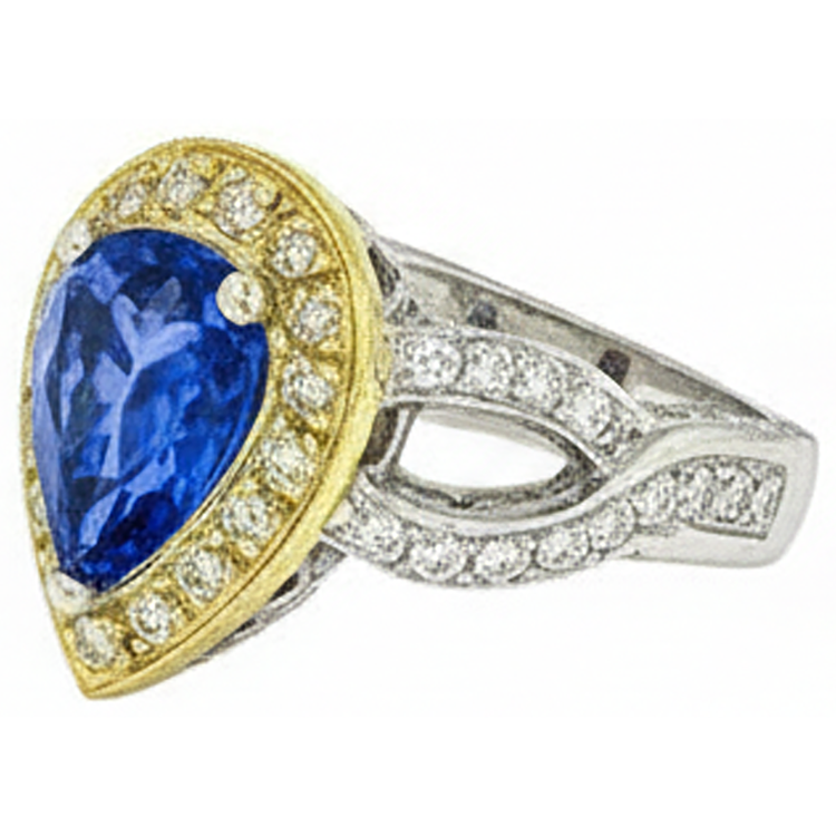 Bague Poire Tanzanite Et Diamants Naturels Extraits des Mines ( et non cultivés en laboratoire ) De Style Antique 4.51 Ct Or Deux Tons