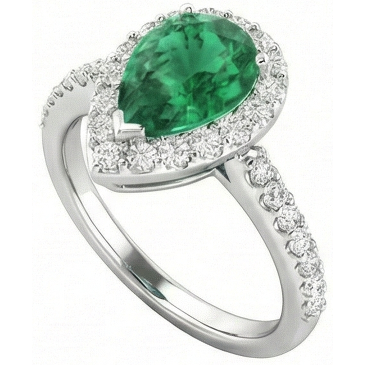 Bague Poire & Ronde 4 Carats Emeraude Vert & Diamant Pierres Précieuses Or Blanc 14K