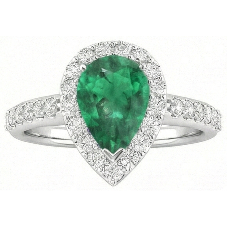 Bague Poire & Ronde 4 Carats Emeraude Vert & Diamant Pierres Précieuses Or Blanc 14K