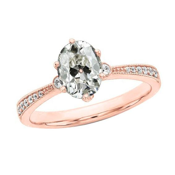 Bague Pour Femme Véritable Diamant Ovale Vieux Mineur En Or Rose. Tige Conique De 4.25 Carats