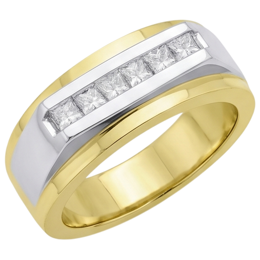 Bague Pour Hommes En Or Bicolore 14K. Réel Diamant Naturels Extraits des Mines ( et non cultivés en laboratoire ) Princesse 0.72 Carats