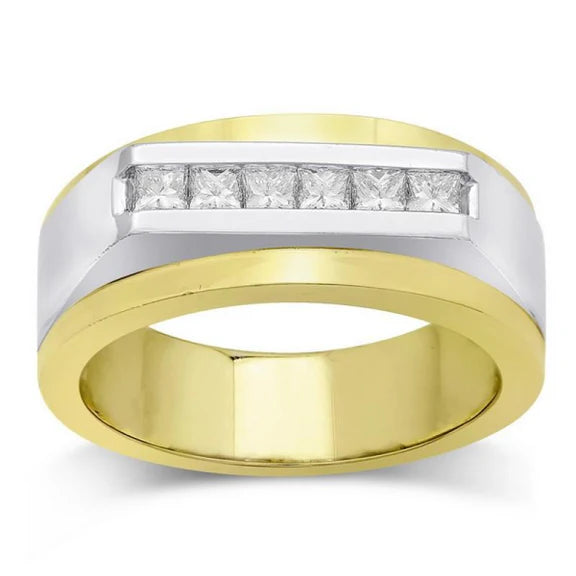 Bague Pour Hommes En Or Bicolore 14K. Réel Diamant Princesse 0.72 Carats