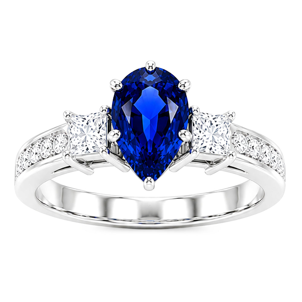 Bague Princesse Saphir Bleu 3 Pierres & Accent Diamant Rond 3.50 Carats