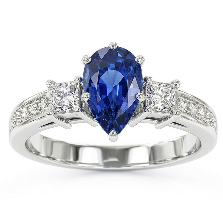 Bague Princesse Saphir Bleu 3 Pierres & Accent Diamant Rond 3.50 Carats