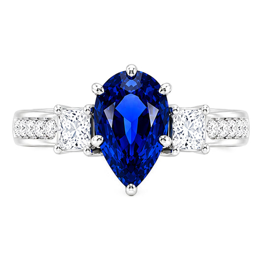 Bague Princesse Saphir Bleu 3 Pierres & Accent Diamant Rond 3.50 Carats
