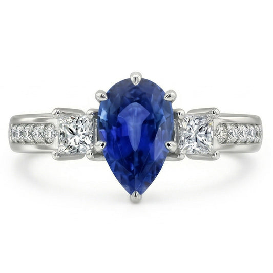 Bague Princesse Saphir Bleu 3 Pierres & Accent Diamant Rond 3.50 Carats