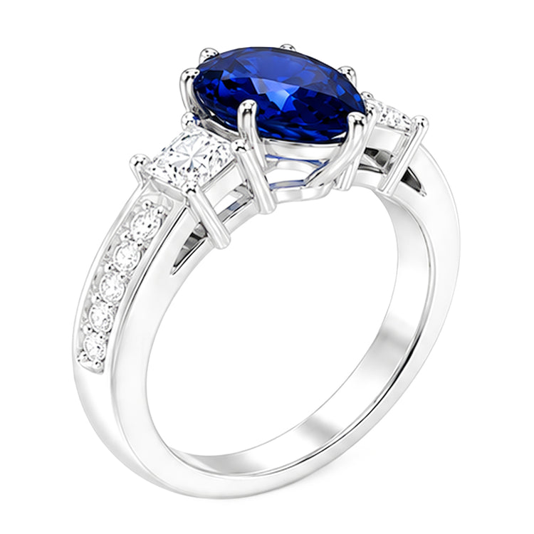 Bague Princesse Saphir Bleu 3 Pierres & Accent Diamant Rond 3.50 Carats