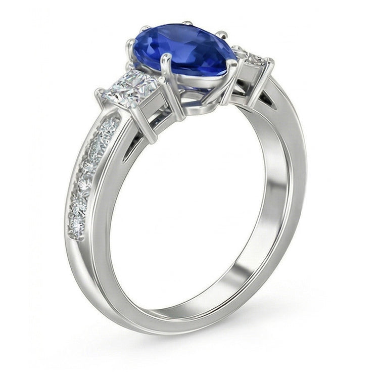Bague Princesse Saphir Bleu 3 Pierres & Accent Diamant Rond 3.50 Carats