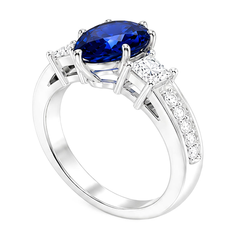 Bague Princesse Saphir Bleu 3 Pierres & Accent Diamant Rond 3.50 Carats
