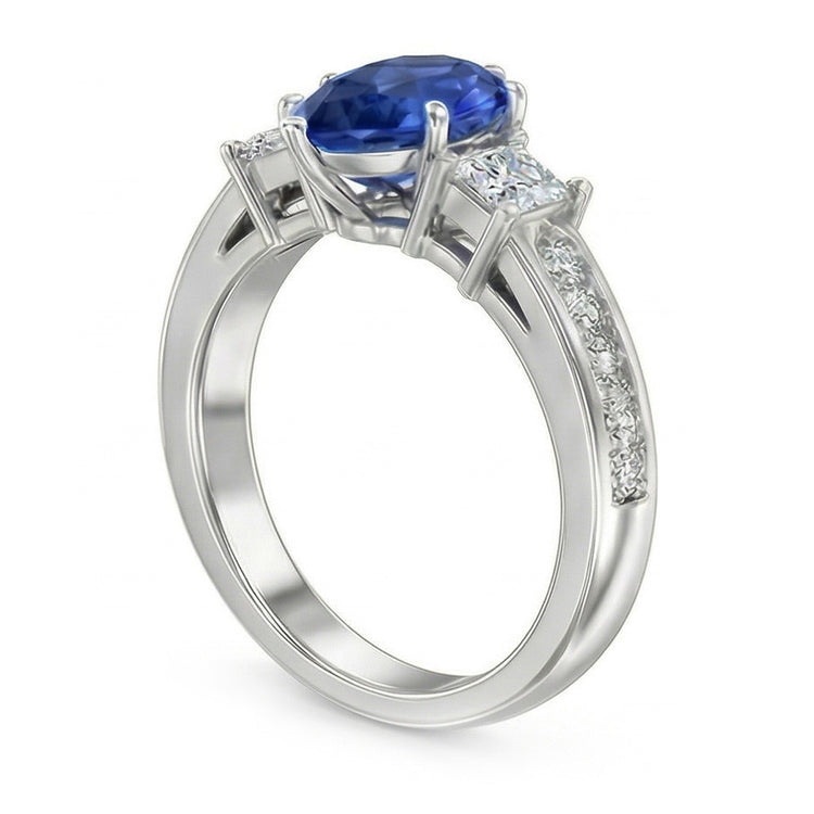 Bague Princesse Saphir Bleu 3 Pierres & Accent Diamant Rond 3.50 Carats
