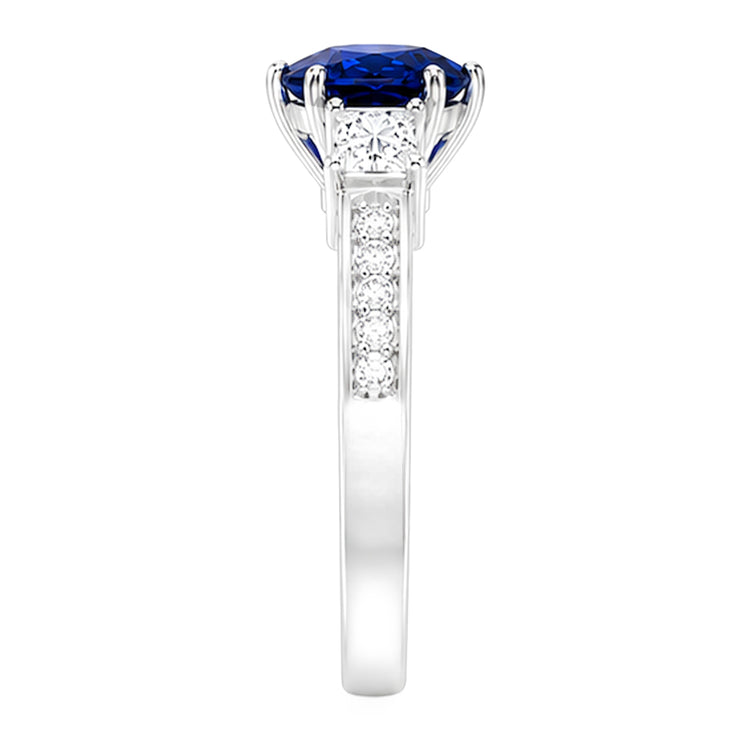 Bague Princesse Saphir Bleu 3 Pierres & Accent Diamant Rond 3.50 Carats