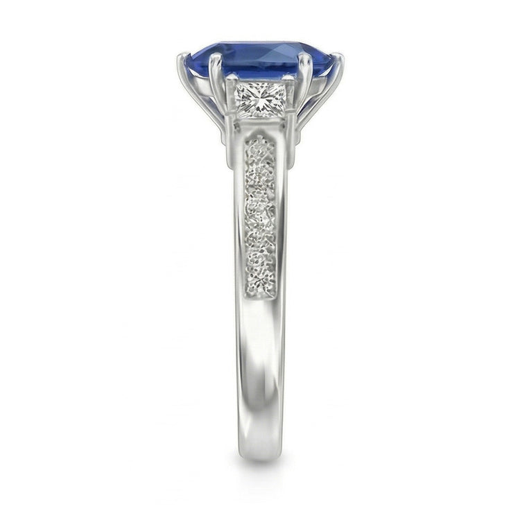 Bague Princesse Saphir Bleu 3 Pierres & Accent Diamant Rond 3.50 Carats