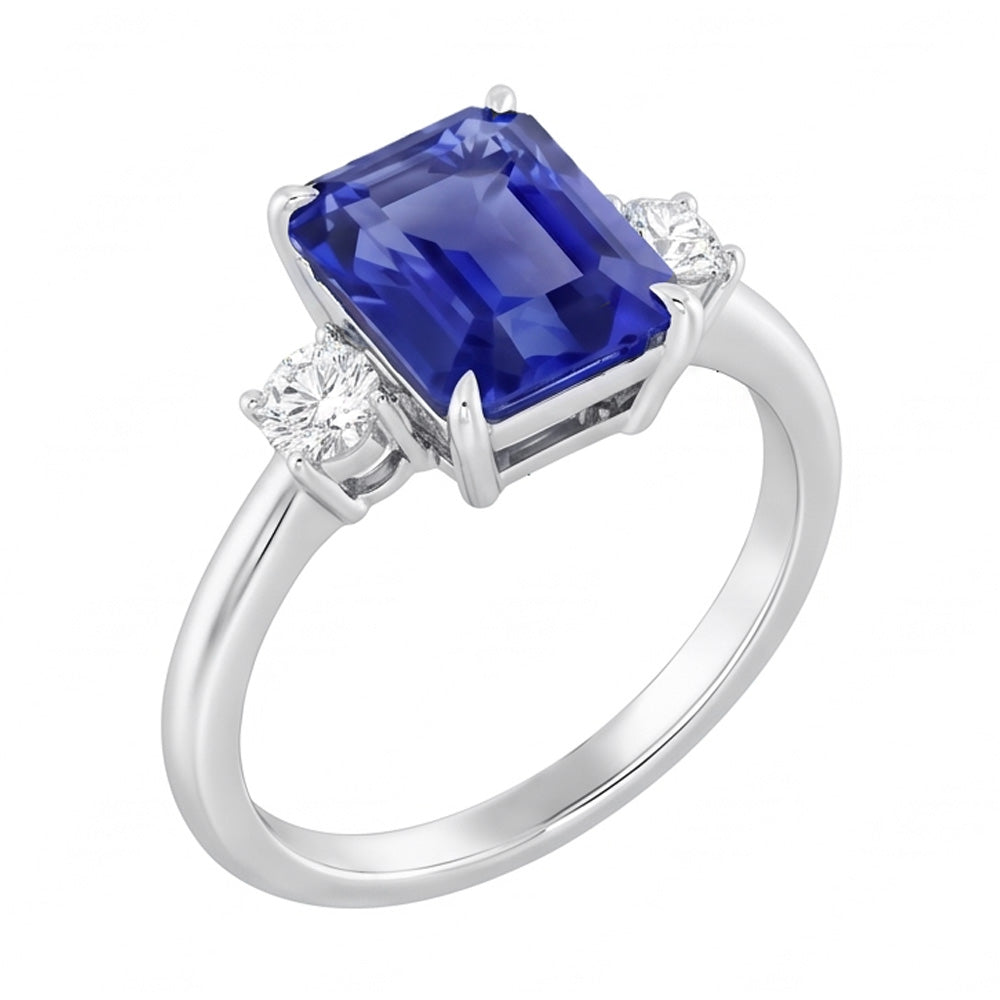 Bague Radiant 3 Pierres Saphir Bleu 1.25 Carats Petits Diamants Ronds