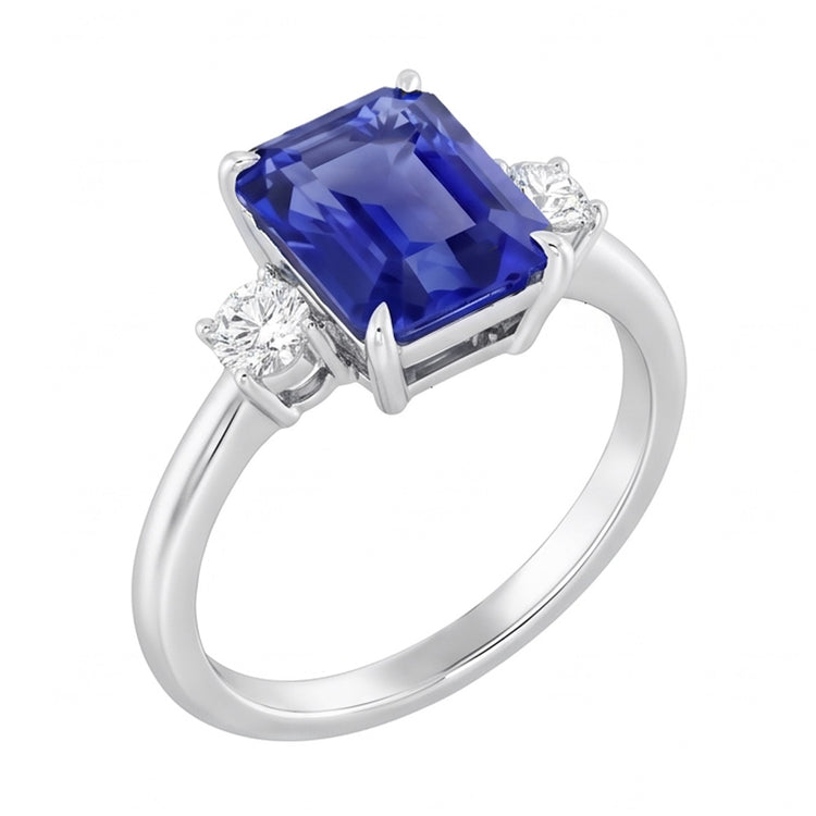 Bague Radiant 3 Pierres Saphir Bleu 1.25 Carats Petits Diamants Ronds