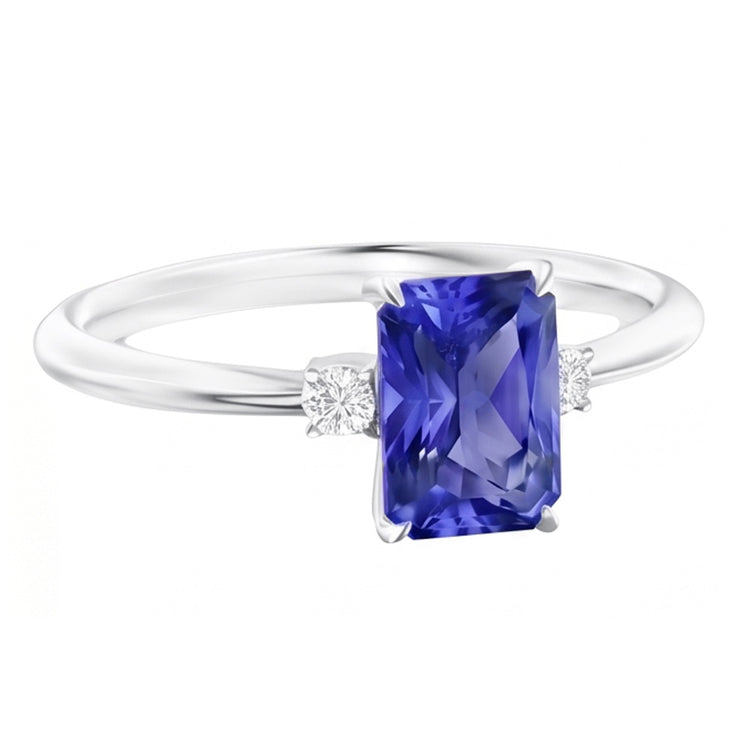 Bague Radiant 3 Pierres Saphir Bleu 1.25 Carats Petits Diamants Ronds