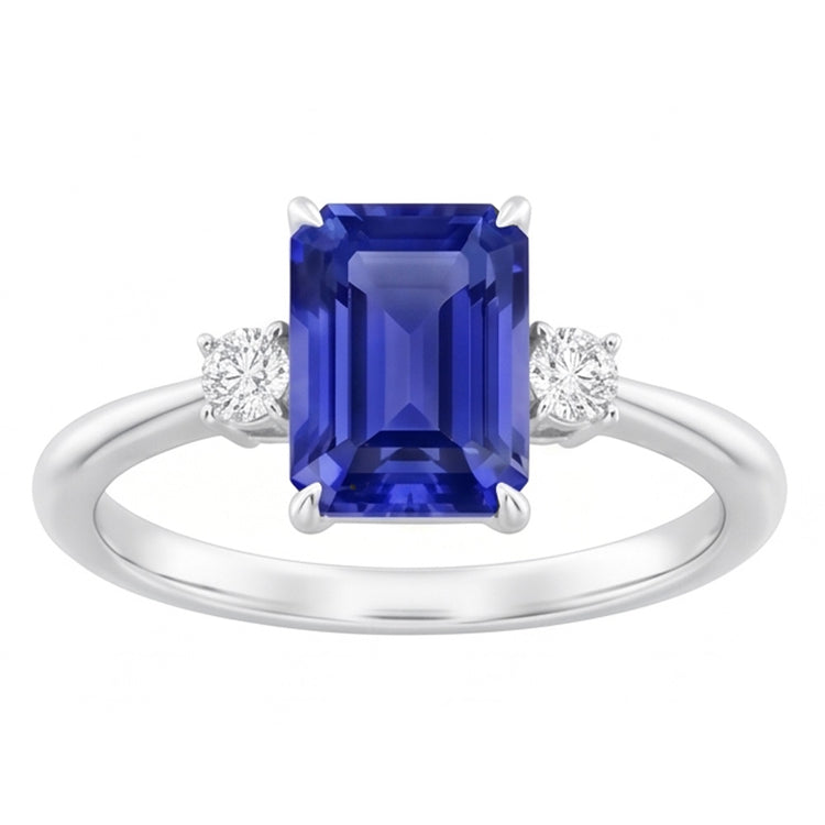 Bague Radiant 3 Pierres Saphir Bleu 1.25 Carats Petits Diamants Ronds