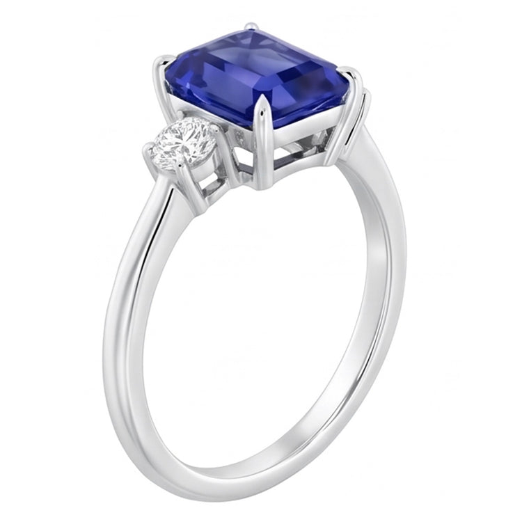 Bague Radiant 3 Pierres Saphir Bleu 1.25 Carats Petits Diamants Ronds