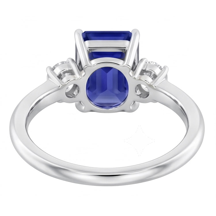 Bague Radiant 3 Pierres Saphir Bleu 1.25 Carats Petits Diamants Ronds