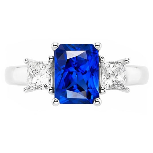 Bague Radiant 3 Pierres Saphir Bleu & Diamants Princesse 3 Carats
