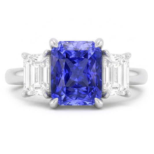 Bague Radiant Gemstone 2 Carats Saphir Ceylan & Diamants Émeraude Or
