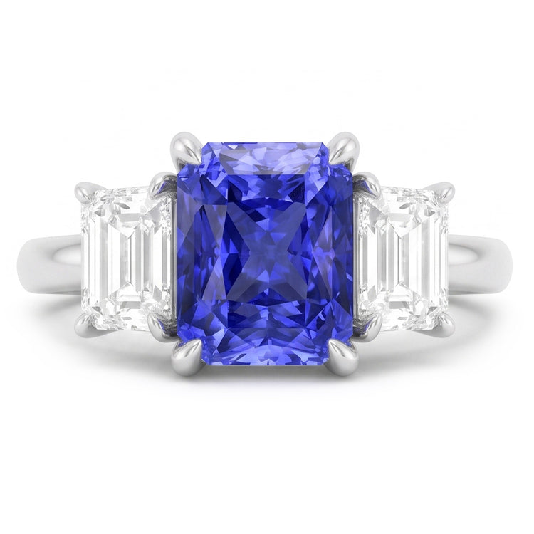 Bague Radiant Gemstone 2 Carats Saphir Ceylan & Diamants Émeraude Or