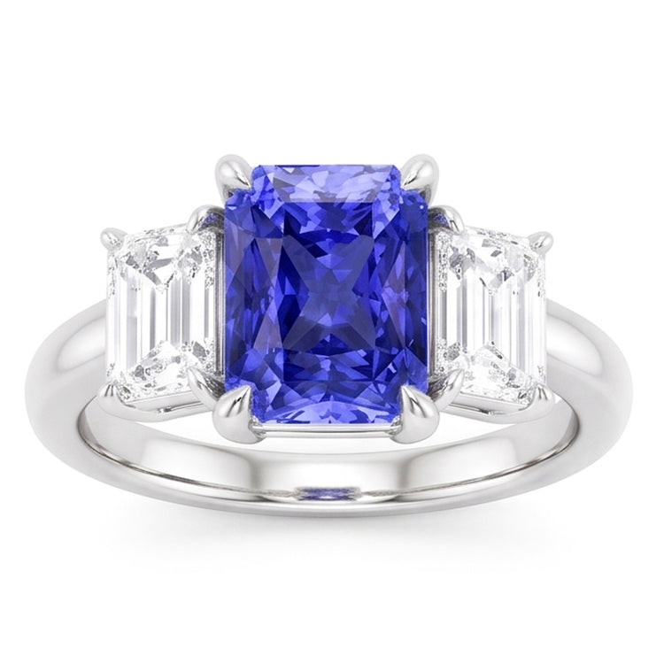 Bague Radiant Gemstone 2 Carats Saphir Ceylan & Diamants Émeraude Or