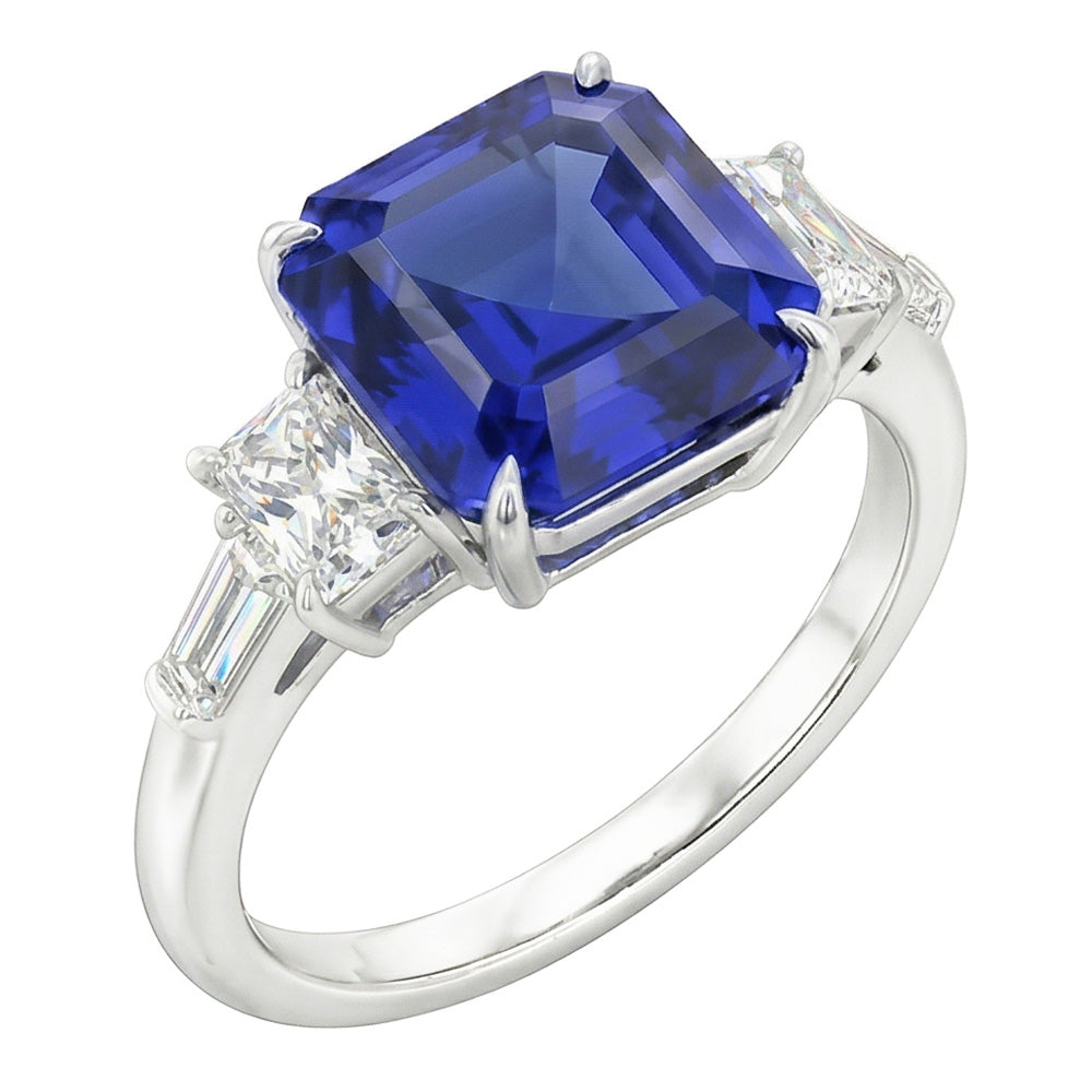 Bague Radiant & Baguette Diamant Asscher Saphir Bleu Naturel 2 Carats