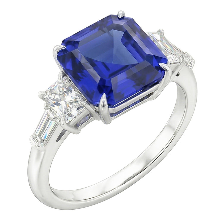 Bague Radiant & Baguette Diamant Asscher Saphir Bleu Naturel 2 Carats