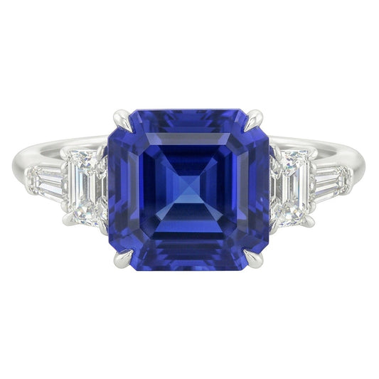 Bague Radiant & Baguette Diamant Asscher Saphir Bleu Naturel 2 Carats