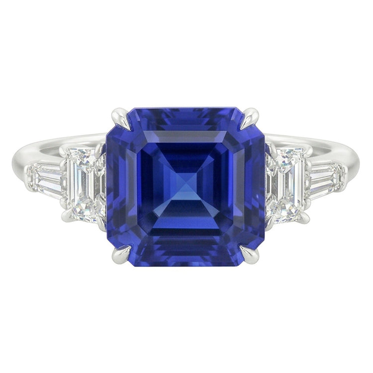 Bague Radiant & Baguette Diamant Asscher Saphir Bleu Naturel 2 Carats