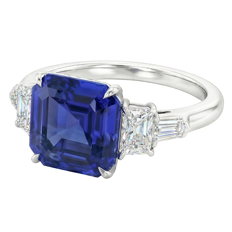 Bague Radiant & Baguette Diamant Asscher Saphir Bleu Naturel 2 Carats
