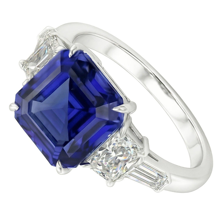 Bague Radiant & Baguette Diamant Asscher Saphir Bleu Naturel 2 Carats
