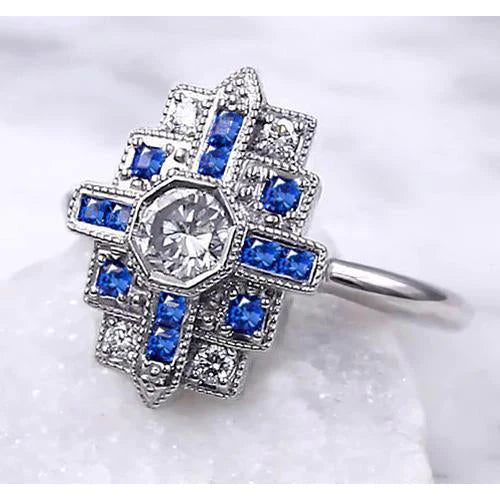 Bague Réel Diamant 2.50 Carats Style Antique Saphir Bleu Ceylan