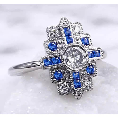 Bague Réel Diamant 2.50 Carats Style Antique Saphir Bleu Ceylan