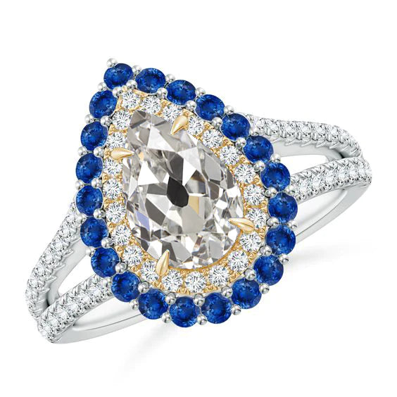 Bague Réel Diamant Halo Bicolore Poire Taille Ancienne Avec Saphirs Bleus 5 Carats