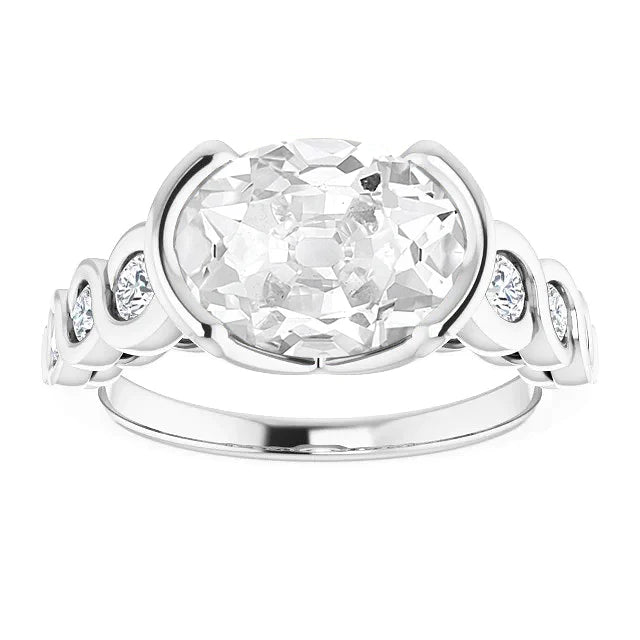 Bague Réel Diamant Ovale Vieux Mineur Demi Lunette Style Infini 7 Carats