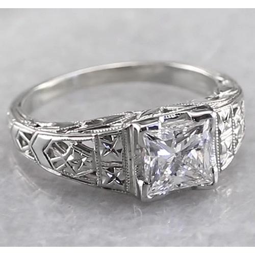 Bague Réel Diamant Princesse De Style Filigrane 1 Carat Or Blanc 14K