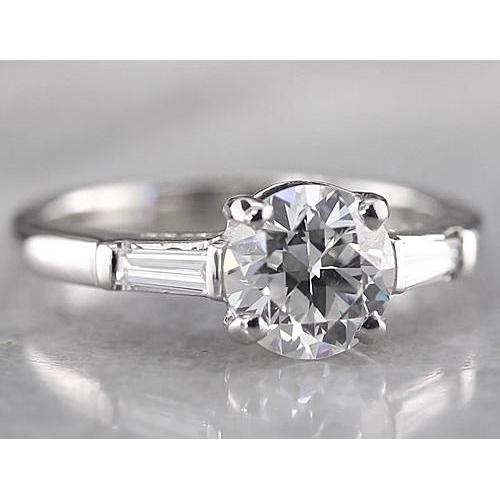 Bague Réel Diamant Rond 3 Pierres Baguettes Or Blanc 14K 1.60 Carats