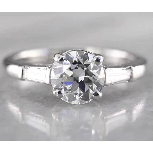 Bague Réel Diamant Rond 3 Pierres Baguettes Or Blanc 14K 1.60 Carats